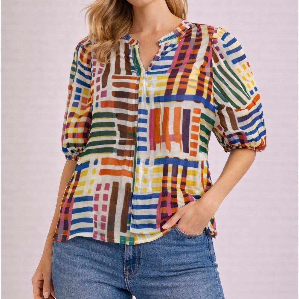 THML Womens Abstract Geometric Print Puff Sleeve V-Neck Blouse Multi Color M c1